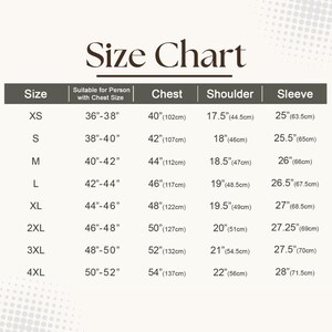 May include: A clothing size chart showing chest, shoulder, and sleeve measurements in inches and centimetres. Sizes range from XS to 4XL. The chart includes the text "Size Chart" at the top.