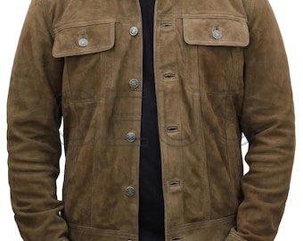 Chaqueta vaquera de ante marrón para hombre: abrigo vintage estilo western de auténtica piel de cordero