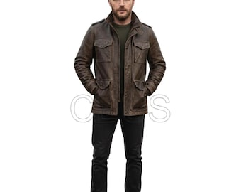 Distressed Brown Leather Pocket Jacket | Vintage Military Style Coat | Men's Four-Pocket Casual Outerwear | Antique Cognac Safari Jacket