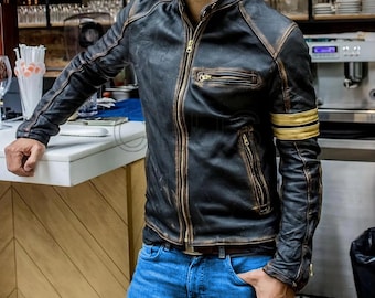 Men’s Distressed Black Leather Biker Jacket – Vintage Cafe Racer Style | Real Leather | Winter Jacket for Men | Rugged & Timeless Look