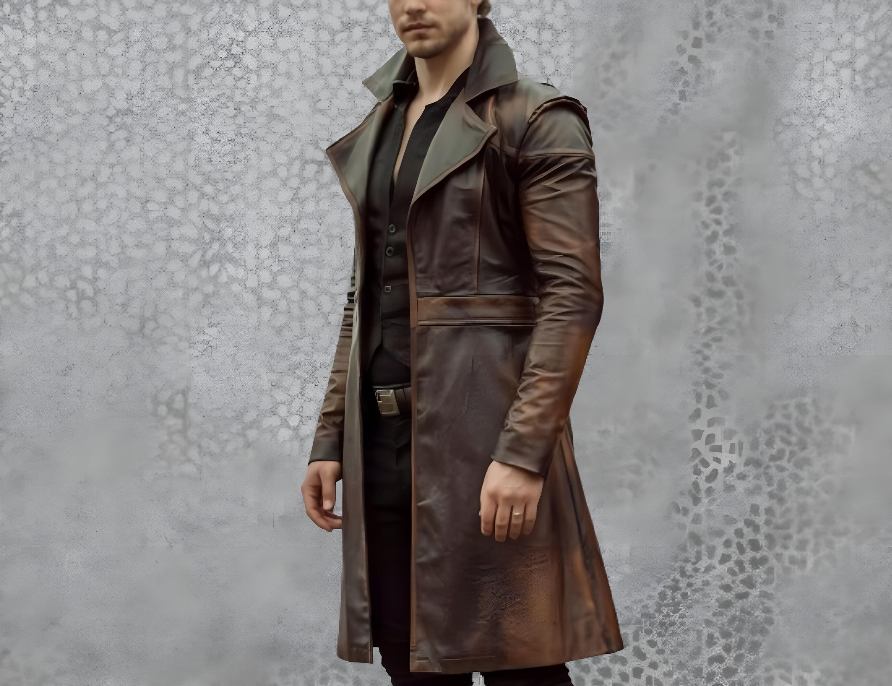 Vintage Long Leather Jacket Men's Steampunk Faux Leather Trench