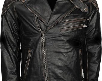Handmade Black Leather Biker Jacket: Skull & Flame Gothic Motorcycle Jacket