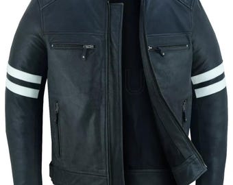May include: A dark blue leather jacket with a stand-up collar and a zip-up front. The jacket features white stripes on the sleeves and quilted shoulder detailing. It has two zippered pockets on the chest and two on the sides.
