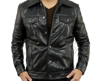 Handmade Men's Black Leather Button-Up Jacket, valentine Day Boyfriend gift