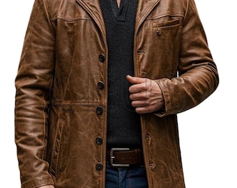 Cappotto da uomo vintage in pelle marrone effetto invecchiato, fatto a mano – Giacca lunga in stile vintage, capospalla invernale casual, classico trench con bottoni