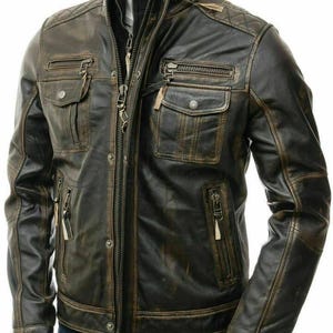 Handmade Mens Motorcycle Biker Vintage Distressed Brown Cafe Racer Real Leather Jacket | Mens Brown Bomber Winter Leather Coat