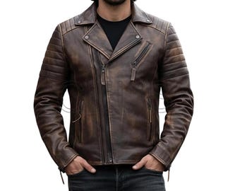 Handmade Men’s Distressed Brown Leather Biker Jacket | Vintage Motorcycle Jacket | Classic Café Racer Style | Real Leather Jacket for Men