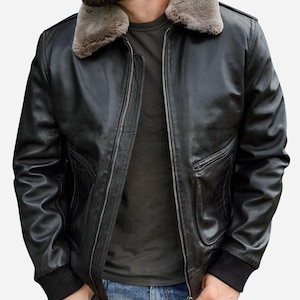 Handmade Men's Black Leather Bomber Jacket: Shearling Collar Aviator Flight Coat