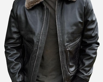 Handmade Men's Black Leather Bomber Jacket: Shearling Collar Aviator Flight Coat