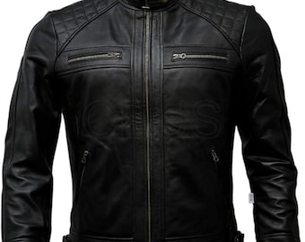 Handmade Black Leather Biker Jacket: Quilted Cafe Racer Motorcycle Outerwear, Halloween Jacket for men