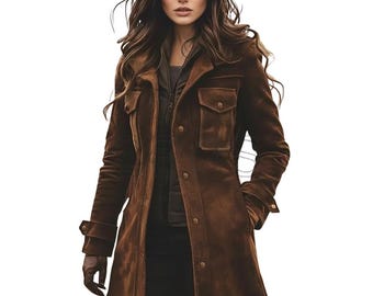 Trench da donna in pelle scamosciata marrone, fatto a mano – Giacca lunga vintage / Cappotto classico con bottoni / Regalo per la mamma