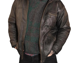 Handmade Vintage Brown Leather Bomber Jacket: Distressed Biker Coat, Winter Jacket Unique Gift for him