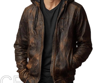 Men’s Distressed Brown Leather Jacket | Hooded Brown Leather Hoodie | Retro Biker Style Coat | Handmade Soft Leather Outerwear Gift For him