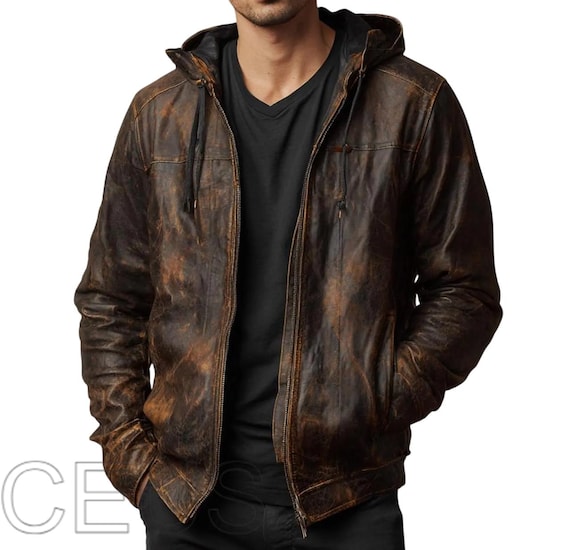 Men’s Distressed Brown Hoodie Jacket, Vintage Leather Hooded Jacket, Retro Biker Style Coat, Handmade Soft Leather Outerwear Gift For him
