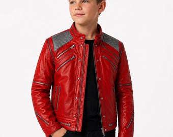 Handmade Boys Pop Star MJ Style Red Leather Jacket – Vintage 80s Biker Jacket, Retro Concert Costume, Iconic Dance Outfit Gift for Boys