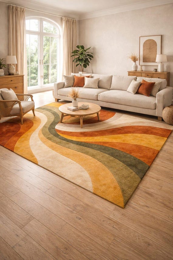 Abstract Modern Area Rug Handmade Wool Rug Boho Living Room Carpet Mid Century Floor Rug Neutral Beige Orange Rug Contemporary Home Decor