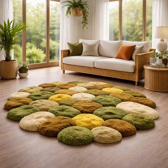 Hand Tufted Moss Rug | Pebble Round Area Rug | Soft Wool Textured Carpet | Boho Scandinavian Living Room Decor