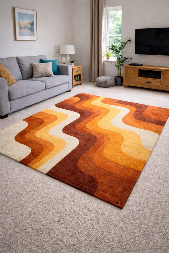 Abstract Wavy Wool Area Rug, Hand Tufted Modern Rug, Retro Geometric Carpet, Living Room Bedroom Decor, Orange Brown Statement Rug