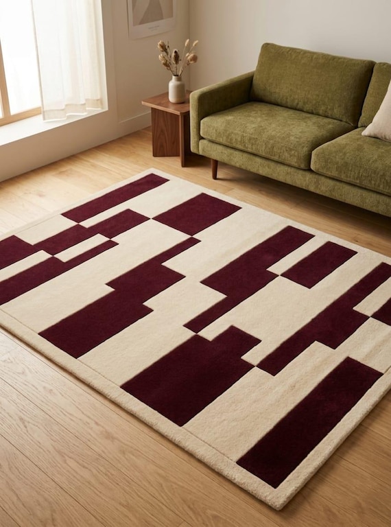 Burgundy Geometric Wool Rug, Handmade Modern Area Rug, Scandinavian Japandi Carpet, Luxury Hand Tufted Rug, 8x10 9x12 Custom