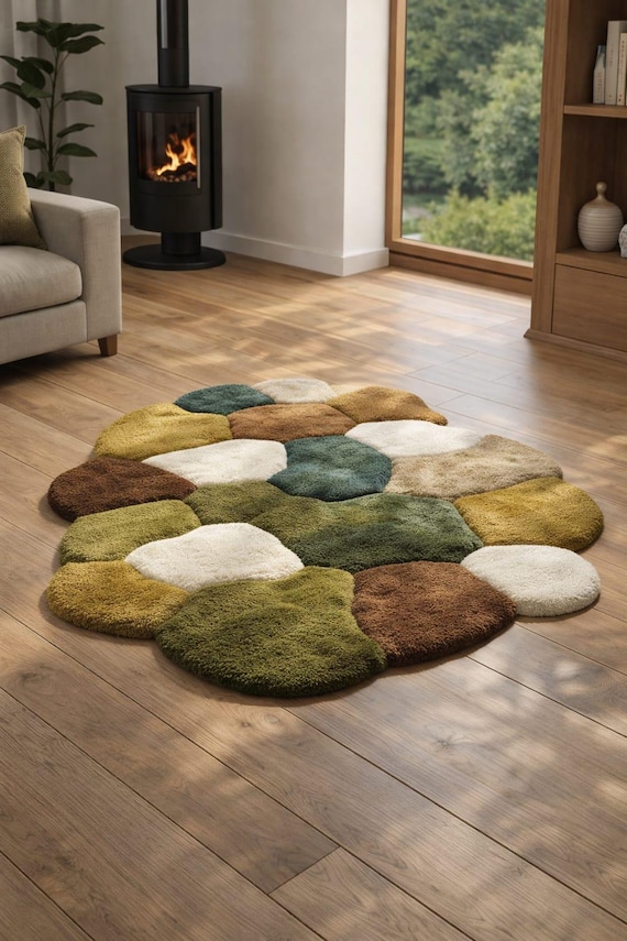 Handmade Tufted Moss Rug Organic Shape Area Rug Green Nature Inspired Rug Modern Abstract Rug Soft Wool Moss Carpet Living Room Decor