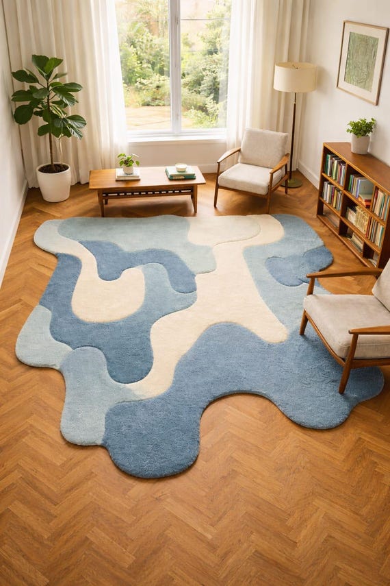 Abstract Shaped Area Rug, Hand Tufted Wool Rug, Modern Blue Cream Rug, Contemporary Irregular Carpet, Nordic Minimal Floor Rug