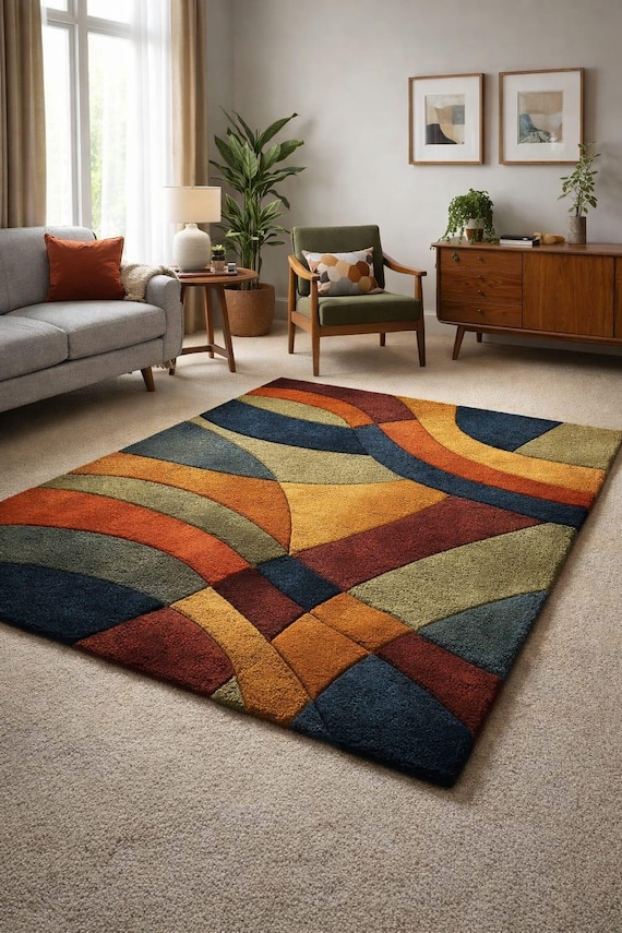 Modern Abstract Geometric Area Rug, Hand Tufted Wool Carpet, Colorful Living Room Rug, Contemporary Home Decor Floor Rug