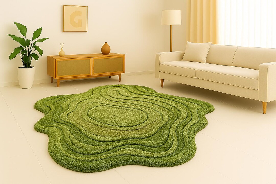Abstract Green Organic Shape Tufted Wool Rug, Irregular Contemporary ...