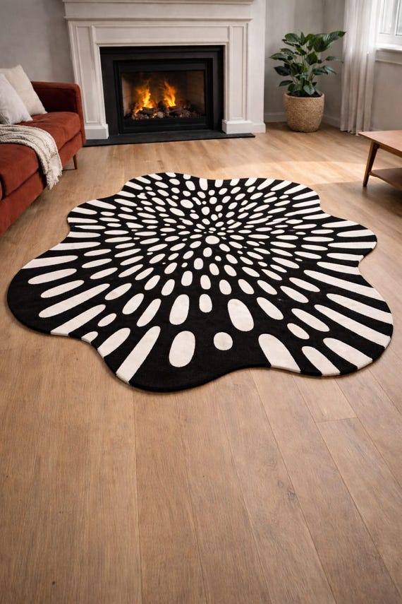 Abstract Black White Wool Rug, Hand Tufted Modern Area Rug, Organic Shape Designer Carpet, Luxury Living Room Rug, Contemporary Home Decor