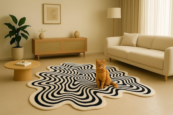Black and White Wavy Optical Illusion Rug | Modern Art Area Rug