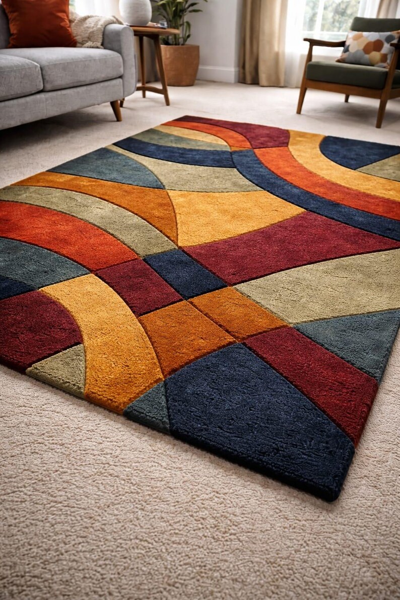 Modern Abstract Geometric Area Rug, Hand Tufted Wool Carpet, Colorful ...