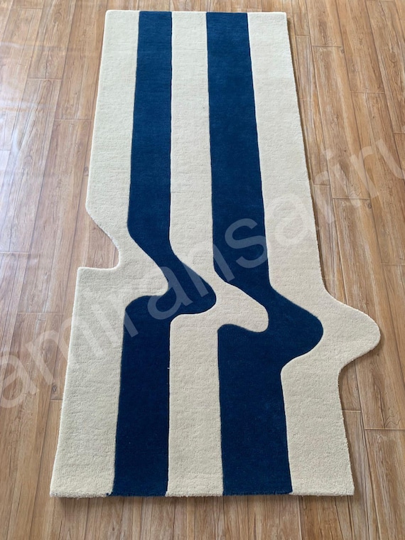 Handmade Geometric Wool Rug - Beige & Navy - Fast Shipping Available!