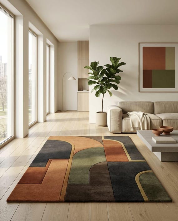 Modern Abstract Wool Rug, Handmade Geometric Area Rug, Organic Modern Hand Tufted Carpet, Japandi Living Room Rug, Custom Size 8x10 9x12