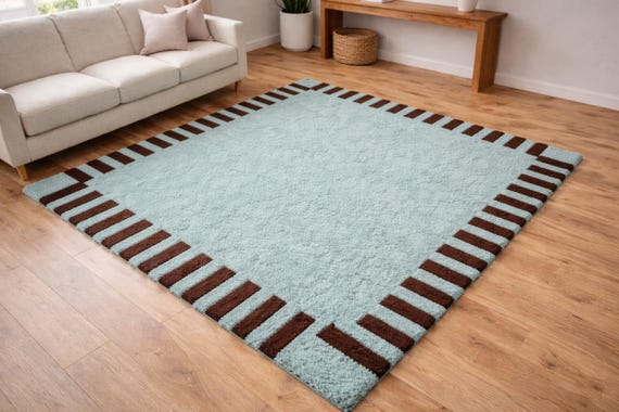 Hand Tufted Wool Area Rug Modern Geometric Border Rug, Mint Green & Brown Plush Carpet, Soft High Pile Living Room Rug Handmade Designer Rug