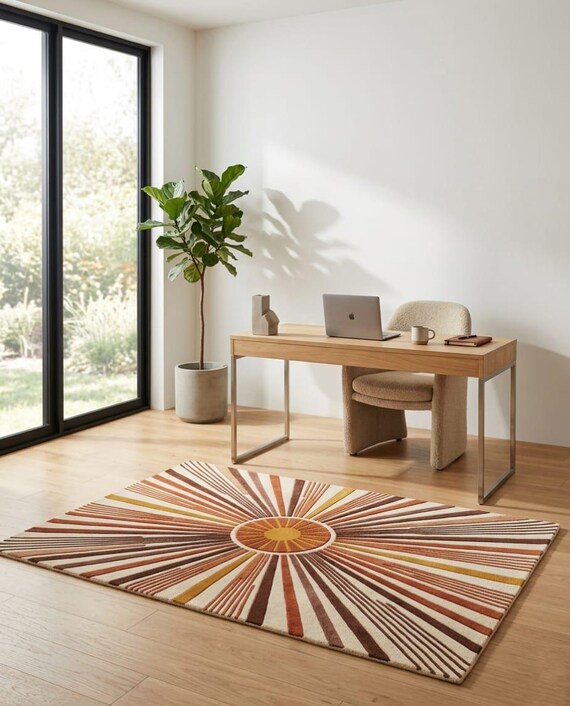 Sunburst Abstract Rug Modern Geometric Wool Carpet Mid Century Inspired Area Rug Handmade Tufted Living Room Rug Boho Warm Tone Floor Decor