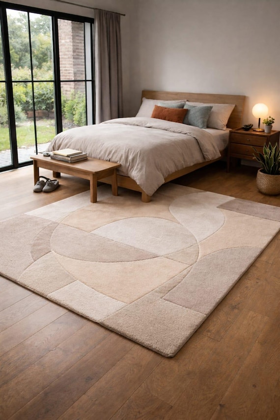 Modern Abstract Beige Area Rug, Minimal Neutral Wool Rug for Bedroom, Handmade Tufted Carpet, Contemporary Geometric Floor Rug