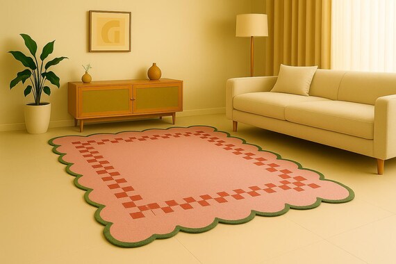 Pink Scalloped Rug with Checkerboard Border, Modern Wavy Edge