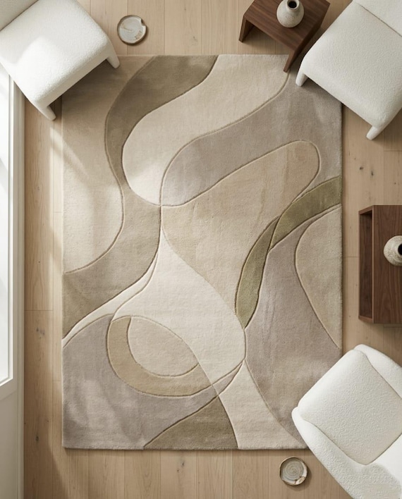 Modern Abstract Hand Tufted Wool Rug Neutral Beige Area Rug Scandinavian Minimalist Carpet Contemporary Living Room Rug