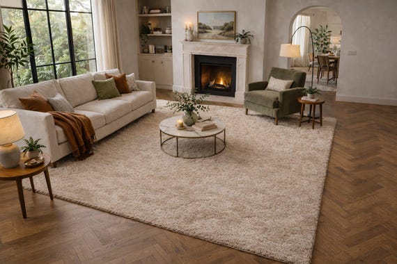 Luxury Hand Tufted Wool Rug Ivory Neutral Area Rug Thick Plush Shag Carpet Modern Living Room Rug Scandinavian Minimalist Home Decor