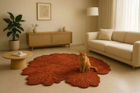 Red Orange Floral Tufted Rug | Handmade Boho Home Accent