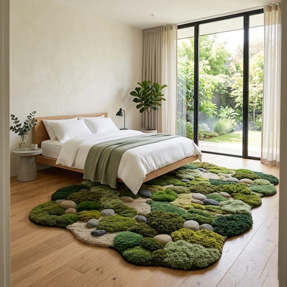 Organic Moss Rug, Handmade New Zealand Wool Rug, Sculpted Japandi Area Rug, Luxury Biophilic Carpet, Custom Moss Pebble Rug 8x10 9x12
