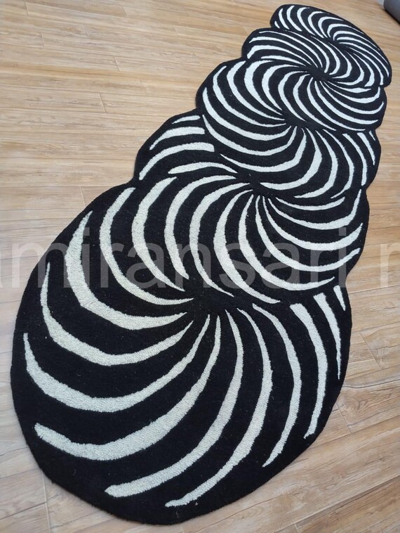 Black & White Optical Illusion Rug - Hand-Tufted Wool Abstract Swirl
