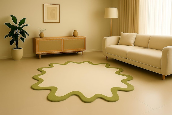 Irregular Carpet: Wavy Edge Abstract Rug with Green Trim