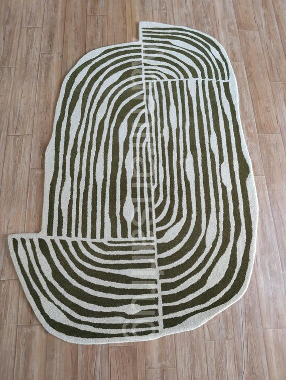 Modern Hand-Tufted Wool Rug in Green and White Abstract Pattern