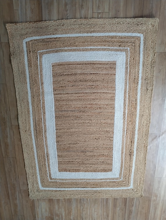 Farmhouse Style Handwoven Jute Rug | Natural Fiber with White Border