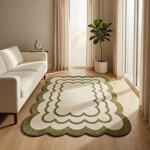 Organic Scalloped Wool Rug, Handmade Japandi Area Rug, Luxury Green Cream Tufted Carpet, Scandinavian Modern Rug, Custom Size 8x10 9x12