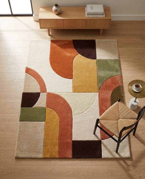 Mid Century Modern Hand Tufted Wool Rug, Abstract Geometric Area Rug, Retro Scandinavian Carpet, Handmade Contemporary Living Room Rug