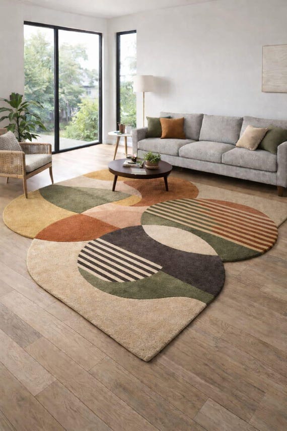 Modern Abstract Geometric Area Rug, Hand Tufted Wool Rug, Contemporary Living Room Carpet, Boho Neutral Rug, Designer Floor Rug