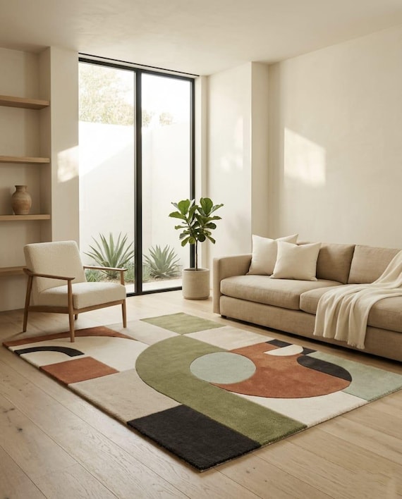 Modern Abstract Wool Rug, Geometric Hand Tufted Carpet, Mid Century Area Rug, Neutral Earth Tone Rug for Living Room Bedroom Decor