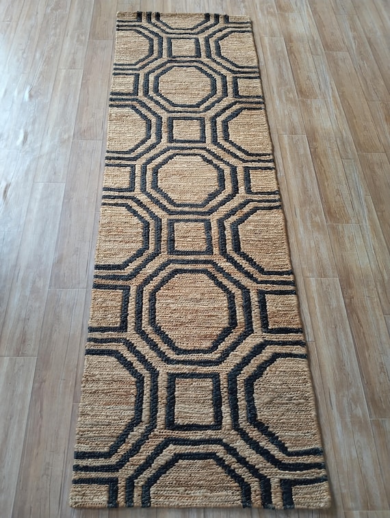Stylish Eco-Friendly Sumak Jute Runner Rug with Black Geometric Design