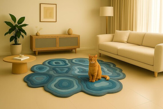 Handmade Abstract Blue Rug, Wavy Geometric Carpet, Contemporary Design